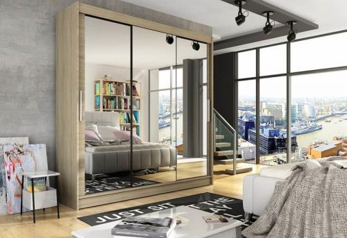 Expedo Posuvná šatníková skriňa LUKAS III so zrkadlom, 250x215x58, Sonoma