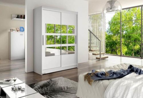 Expedo Posuvná šatníková skriňa STAWEN VII so zrkadlom, 150x200x58, biela mat