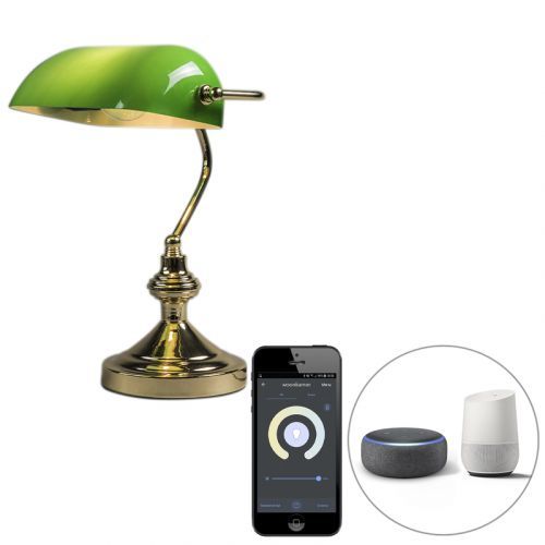 Smart tafellamp messing met groen glas incl. Wifi P45 - Banker