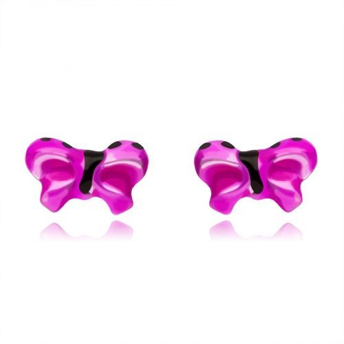 Náušnice zo striebra 925 - motýle zdobené ružovo-fialovou glazúrou, puzetové zapínanie