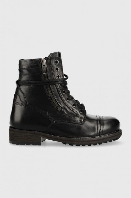 Kožené členkové topánky Pepe Jeans Melting Combat Warm W dámske, čierna farba, na plochom podpätku,