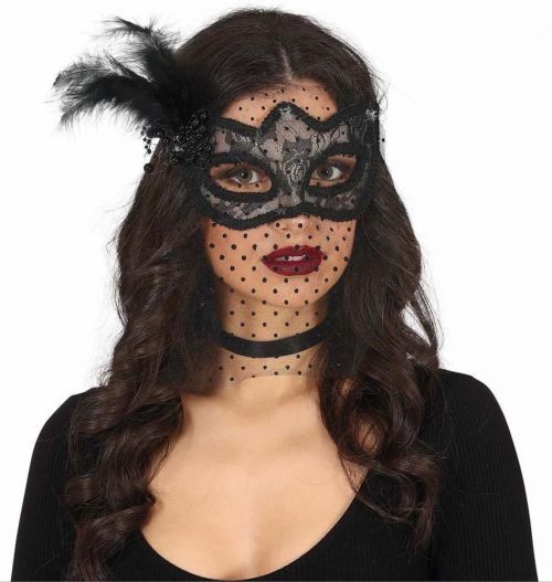 Guirca Škraboška - čierna so závojom a pierkom