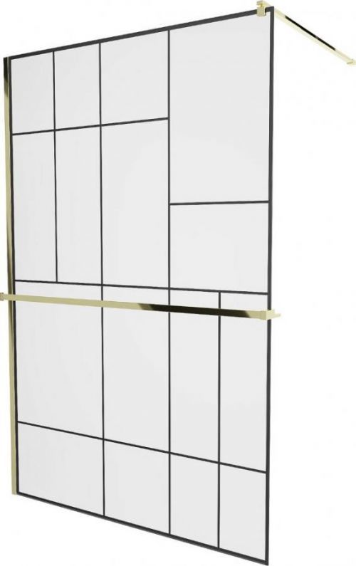 MEXEN/S - KIOTO Sprchová zástena WALK-IN s poličkou a držiakom uterákov 120 x 200 cm, transparent/čierna 8 mm, zlatá 800-120-121-50-78