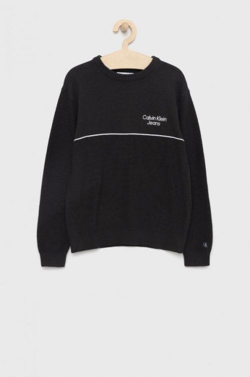 Detský bavlnený sveter Calvin Klein Jeans čierna farba, tenký