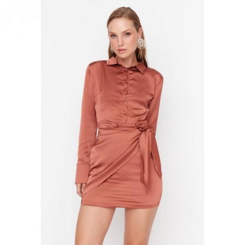 Trendyol Cinnamon Tie Detailed Satin Dress