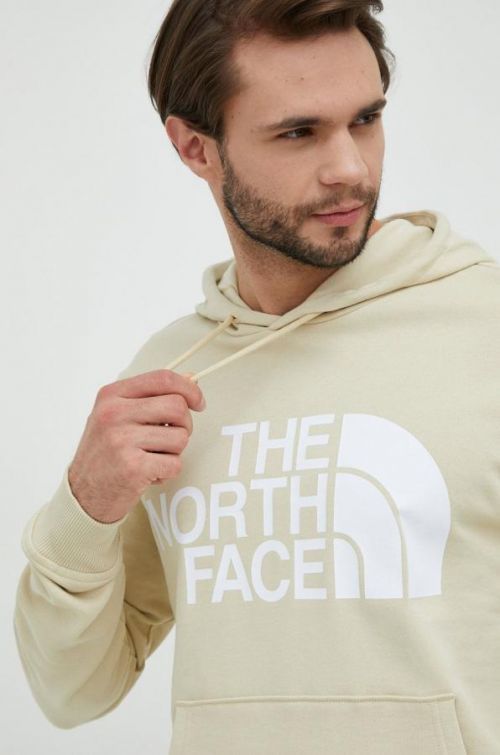 Bavlnená mikina The North Face pánska, béžová farba, s kapucňou, s potlačou