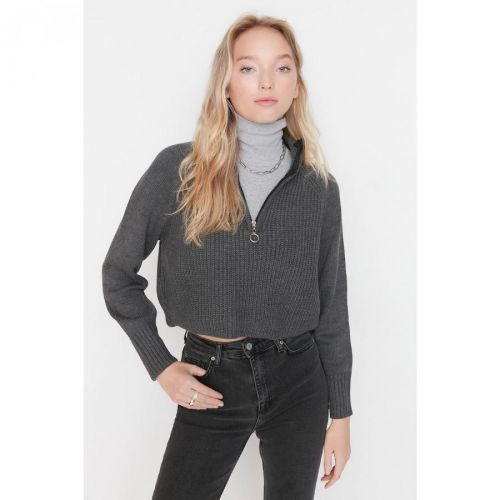 Trendyol Anthracite Crop Zipper Detailed Knitwear Sweater