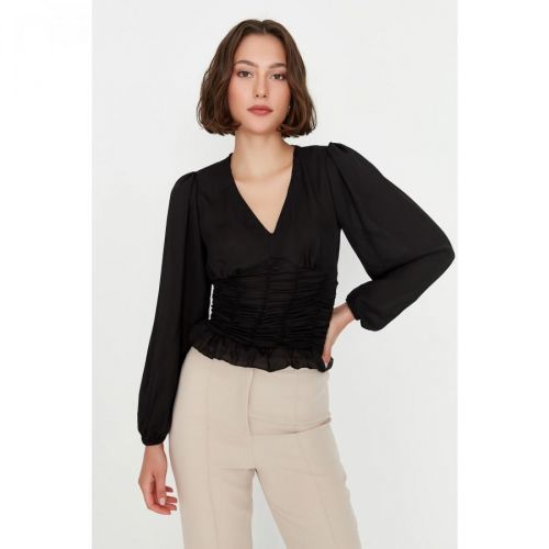 Trendyol Black Pleated V-Neck Blouse