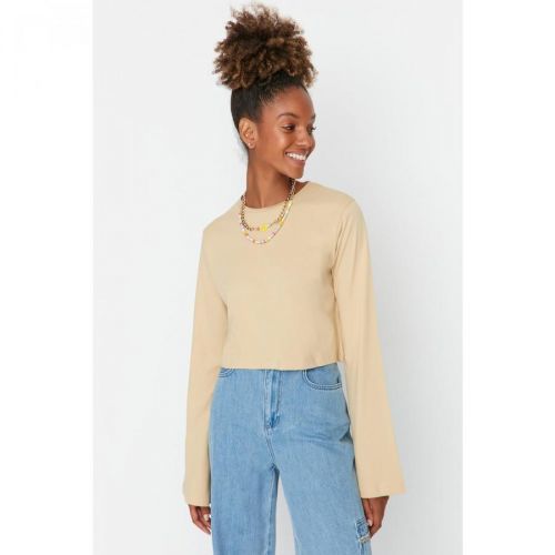 Trendyol Beige Loose Crop Knitted T-Shirt