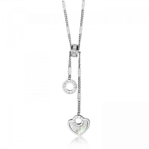 Náhrdelník z ocele 316L - zirkónový valček, perleťové srdiečko a prstenec s rímskymi číslicami