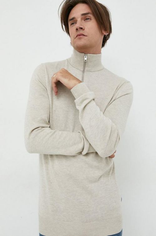 Sveter Jack & Jones pánsky, béžová farba, tenký, s polorolákom