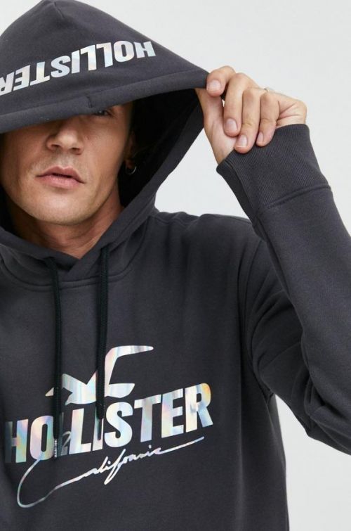 Mikina Hollister Co. pánska, šedá farba, s kapucňou, s potlačou