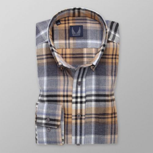 Pánska slim fit košeľa sivá so žltým károvaným vzorom 14547