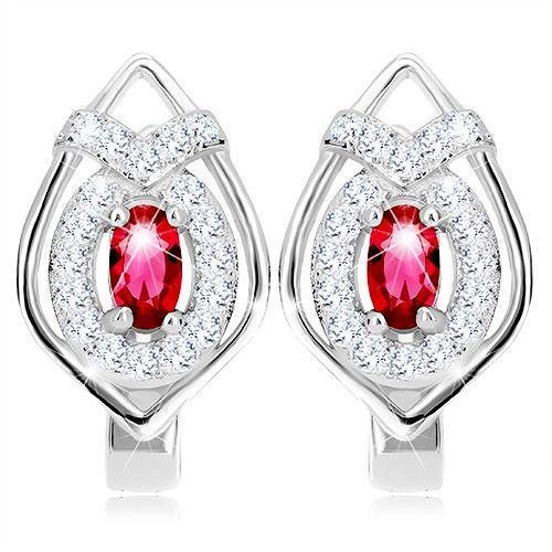 Strieborné 925 náušnice, obrys špicatej kvapky, červený zirkón - ovál