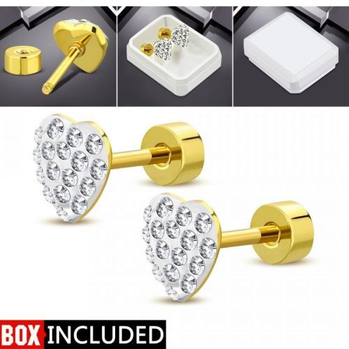 Šrubovacie náušnice zlatej farby, oceľ 316L, srdiečko s čírymi zirkónmi
