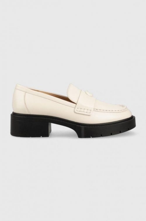Kožené mokasíny Coach Cb990 Leah Loafer dámske, béžová farba, na platforme