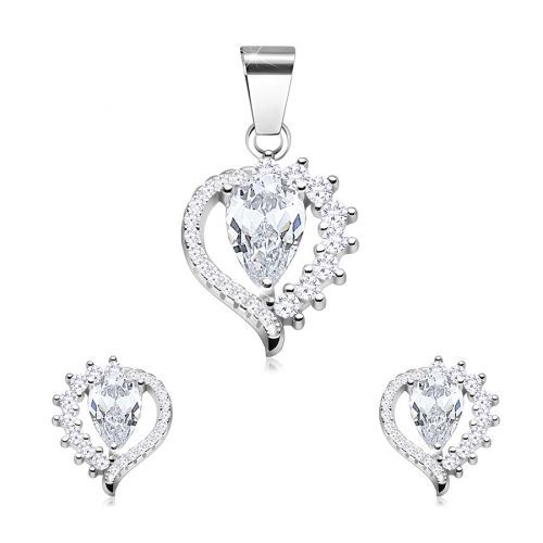 Strieborný set 925, náušnice a prívesok, kontúra kvapky, číre zirkóny