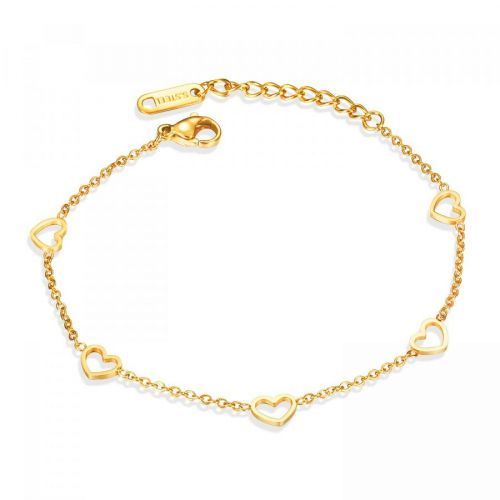 Oceľový náramok v zlatej farbe, kontúry nepravidelných srdiečok, oválne očká