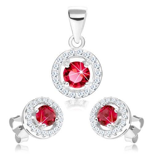 Strieborný set 925, náušnice a prívesok, trblietavý obrys kruhu, ružový zirkón