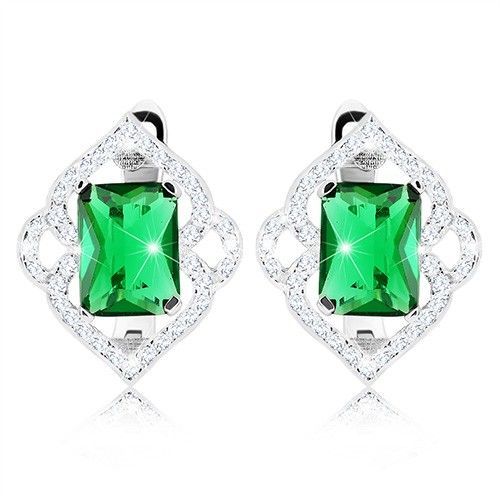 Náušnice zo striebra 925, zelený zirkónový obdĺžnik, číre kontúry listov