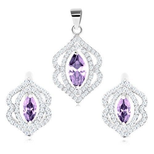 Ródiovaná sada, prívesok a náušnice zo striebra 925, fialové zrnko, číry obrys