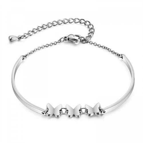 Oceľový náramok striebornej farby - tri motýle, dva pevné oblúky, jemná retiazka