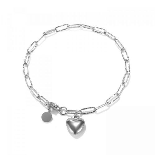 Oceľový náramok v striebornej farbe - plné srdce, krúžok, oválne články s lúčovitými zárezmi