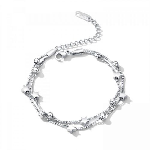 Zdvojený náramok z ocele - lesklé hviezdy a guľôčky, hranatá retiazka, strieborná farba