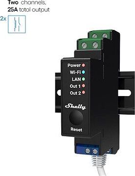 Shelly Pro 2PM, spínací modul 2× 16A na DIN lištu, meranie spotreby, LAN, WiFi, a Bluetooth