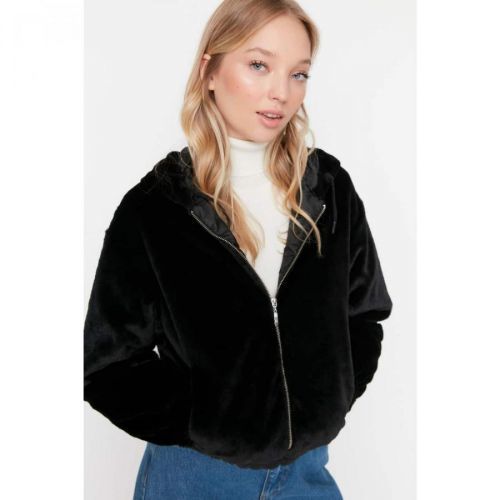 Trendyol Black Oversize Hooded Plush Coat