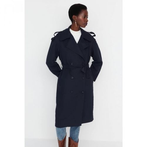 Trendyol Navy Blue Oversize Belted Epaulette Detailed Trench Coat