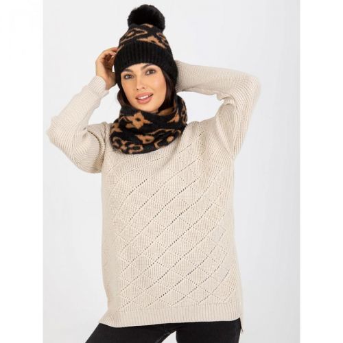 Women's black and camel winter hat with a pompom