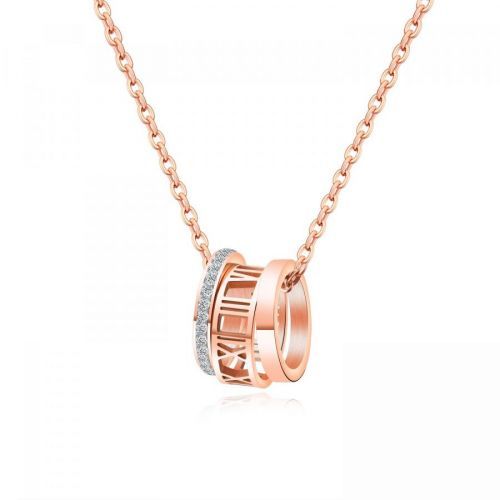 Oceľový náhrdelník s prstencami - číre zirkóny, rímske číslice, hladký povrch, medená farba