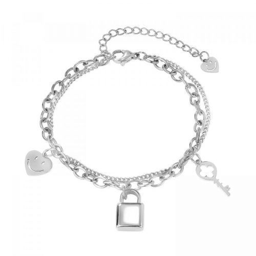 Oceľový náramok v striebornej farbe - srdce s usmievavou tvárou, kladka a kľúč, dvojitá retiazka