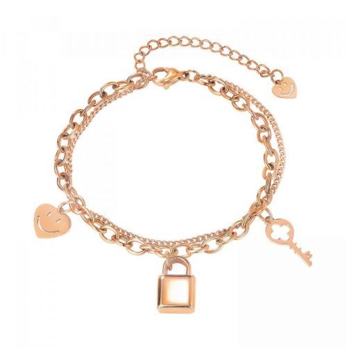 Oceľový náramok v medenej farbe - srdce s usmievavou tvárou, kladka a kľúč, dvojitá retiazka