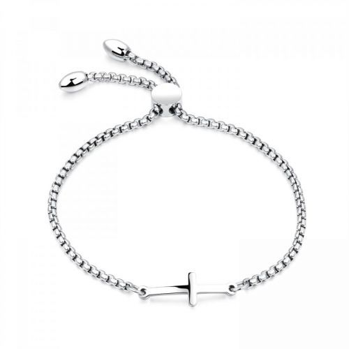 Oceľový náramok v striebornej farbe - vypuklý kríž, hranatá retiazka, posuvné zapínanie