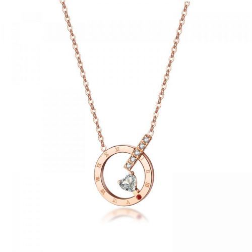 Oceľový náhrdelník medenej farby - kruh s rímskymi číslicami, zirkónové srdce