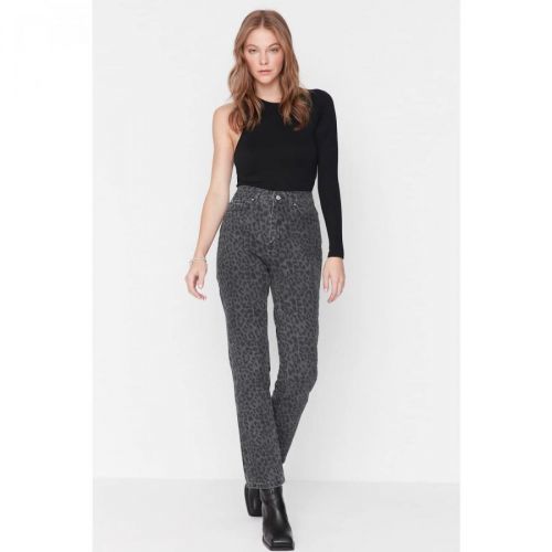 Trendyol Black Leopard Print High Waist Bootcut Jeans
