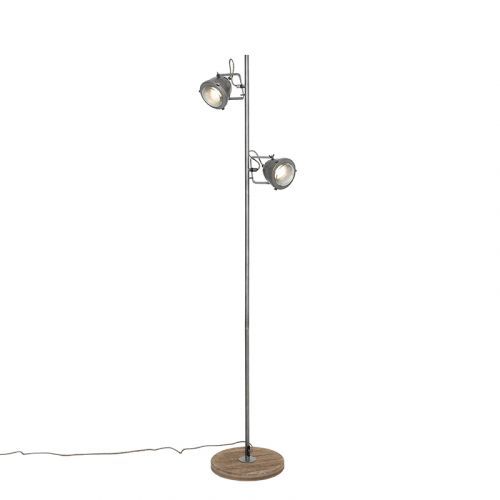 Industriële vloerlamp staal met hout 2-lichts - Emado