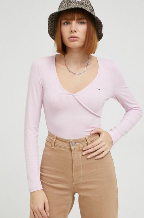 Tričko s dlhým rukávom Tommy Jeans dámsky, ružová farba,