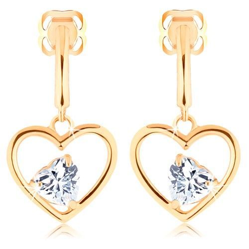 Náušnice zo žltého 14K zlata - číre zirkónové srdiečko v kontúre srdca