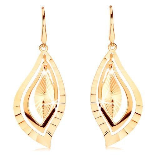 Náušnice v žltom 14K zlate - ligotavé lístočky zdobené lúčovitými ryhami