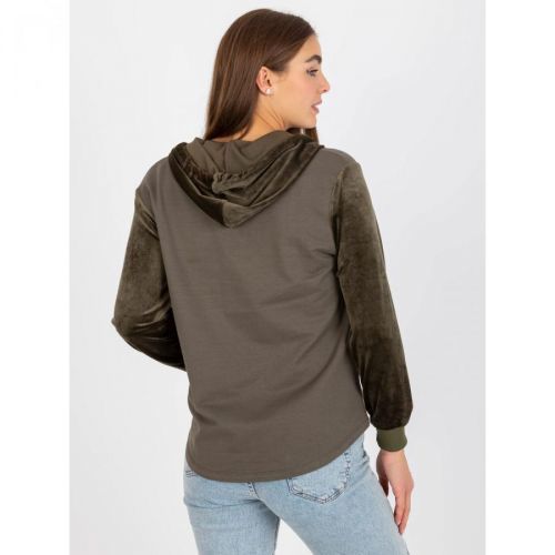 Khaki women's sweatshirt with a zipper with velor inserts
