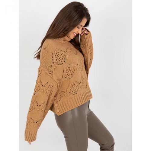 Camel openwork turtleneck sweater with wide sleeves