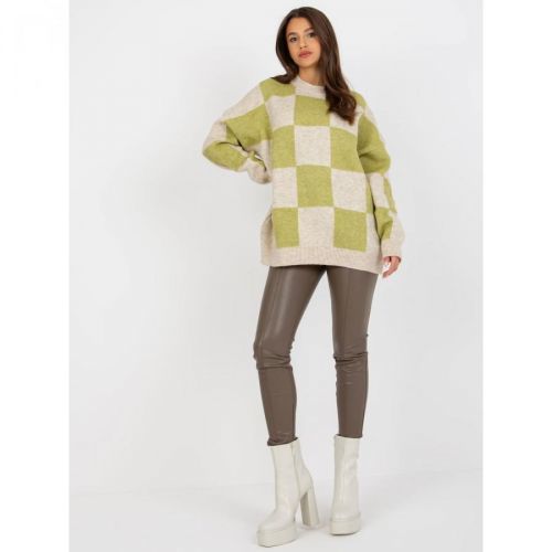 Light green and beige oversize sweater with a round neckline