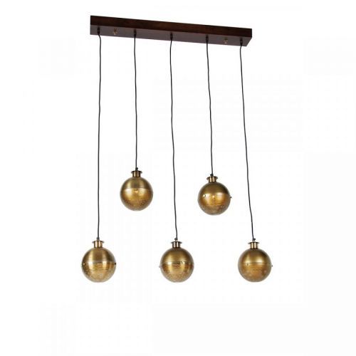 Industriële hanglamp brons met hout 5-lichts - Haicha