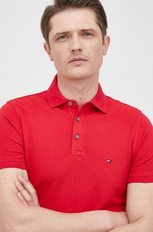 Bavlnené polo tričko Tommy Hilfiger červená farba, jednofarebné