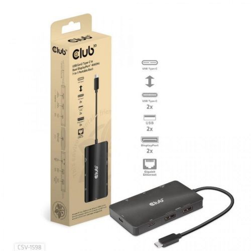 Club3D Dokovacia stanica USB Gen2 Type-C na Dual DisplayPort 4k60Hz 7-in-1 Portable Dock