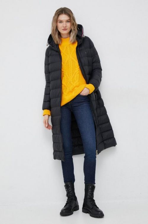 Páperová bunda Tommy Hilfiger dámska, čierna farba, prechodná,