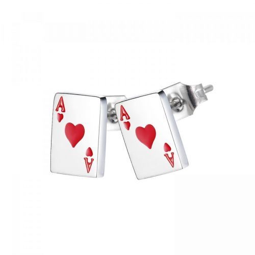 Puzetové náušnice z ocele 316L - motív hracej karty, srdcové eso s červenou glazúrou